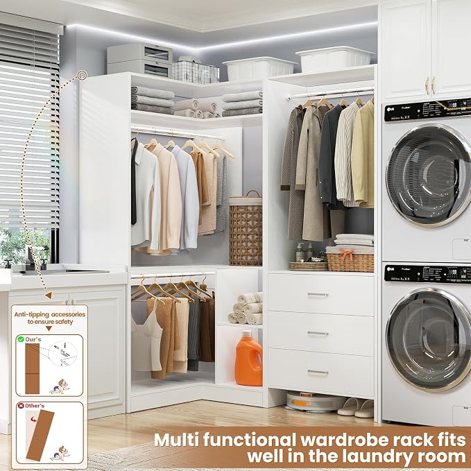 Aheaplus Closet System with 3 Drawers, 2 Hanging Rods & Corner Tower, Corner Closets System with Hanging, L-Shaped Walk-In Wardrobe Organizer, 1300+ lbs Capacity, Set of 2, White