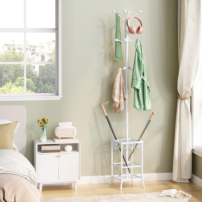 Hoctieon Coat Rack Freestanding, Coat Tree with Umbrella Holder, Metal Coat Rack Stand with 12 Hooks, Standing Coat Hanger Stand, Umbrella Stand for Entryway, Hat Rack Stand for Home Office, White | Metal Coat Rack Stand with 12 Hooks, Standing Coat Ha...