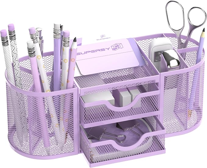 Mesh Desk Organizer, Desk Organizers and Accessories with Drawers, Pen Holder for Desk with 2 Drawers with 9 Compartments for Office Supplies, Purple