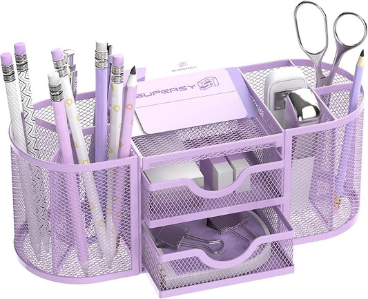 Mesh Desk Organizer, Desk Organizers and Accessories with Drawers, Pen Holder for Desk with 2 Drawers with 9 Compartments for Office Supplies, Purple