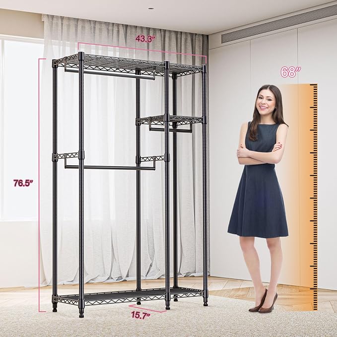 M MZG Heavy Duty Rolling Garment Rack 3 Tiers Adjustable Wire Shelving Clothes Rack with 3 Rods and Side Hooks,Storage Closet Clothing Rack Black 15.7" D x 43.3" W x 76.5" H