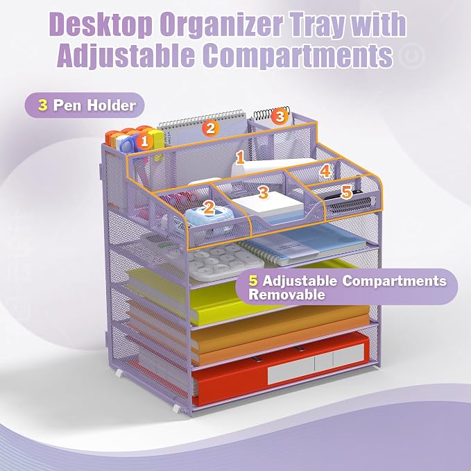 Docnest 5 Tier Mesh Desk Organizer with Letter Tray & Paper Sorter, Purple | Features 3 built-in pen holders & 5 adjustable compartments on top. Includes 4 non-slip rubber feet for desk protection