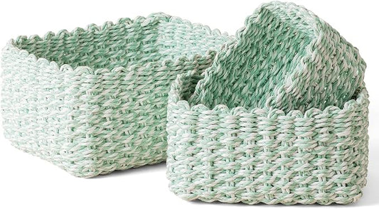 LA JOLIE MUSE Paper Rope Storage Baskets for Organizing, Recycled Wicker Storage Basket Container Bins for Shelves Cupboards Drawer, Small Woven Basket Set of 3 (Green White)
