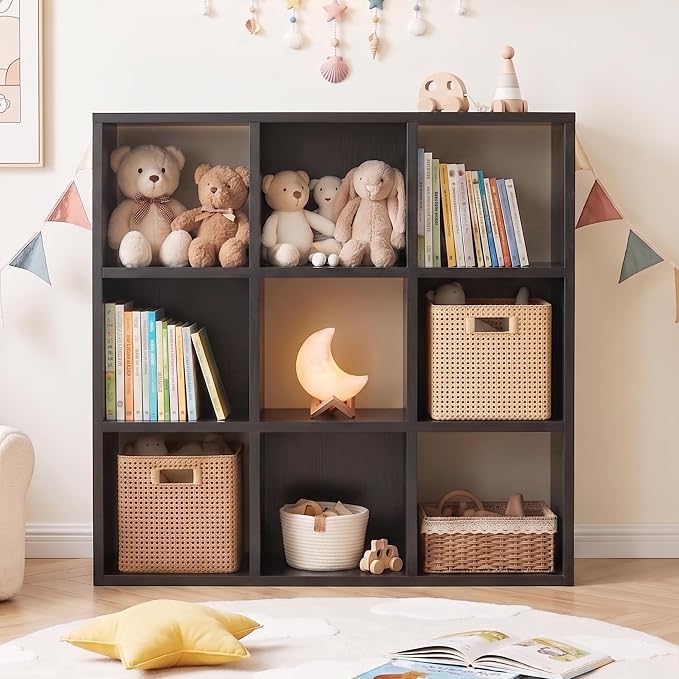 9 Cube Storage Organizer, Black Cube Bookshelf, Multifunctional Bookcase | Open Cube Bookshelf with Removable Back Panels, Vertical or Horizontal Easy Assembly for Home Office Bedroom Living Room