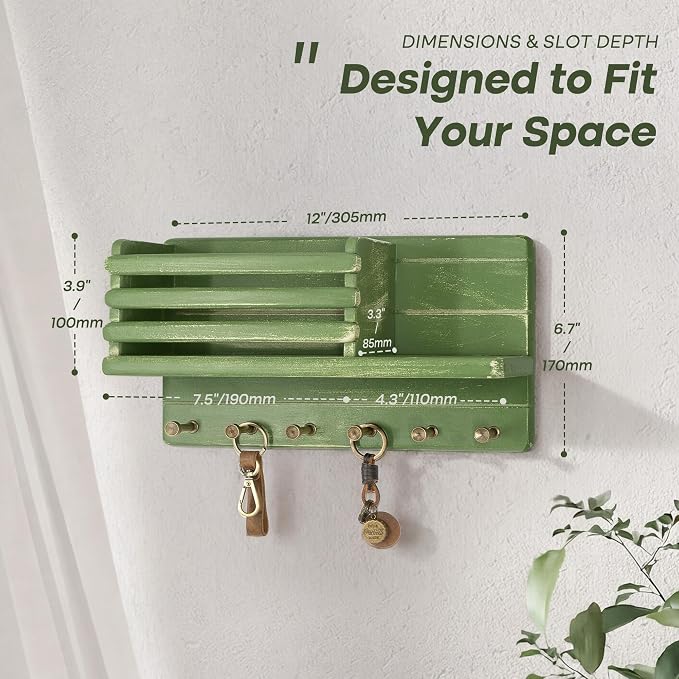 Rebee Vision Key Holder Wall Mount with 8 Key Hooks for Room Decor, Green | Key Holder for Wall, Mail Slot, Letter Storage, Mail Organizer, Key Hanger, Umbrellas, Floating Shelf, Home Organization