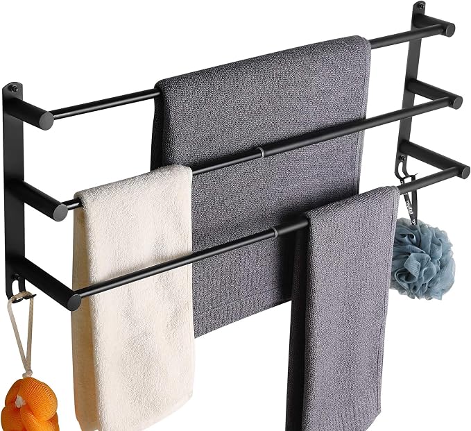 CAXIMSY Black Adjustable Towel Bar for Bathroom Wall Mount17-30.7inch Adhesive Shower Towel Rack Stainless Steel Bath Towel Holders for Toilet Kitchen Double Towel Hanger (Black 3 Bar)