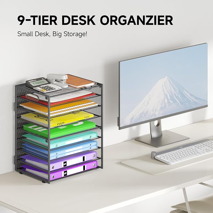 Cawukege 9 Tier Paper Organizer with Handle, Large Capacity Desk Organizer Mesh File Folder Letter Paper Tray Desktop Document Sorter for Classroom, School, and Office Accessories Organization - Grey