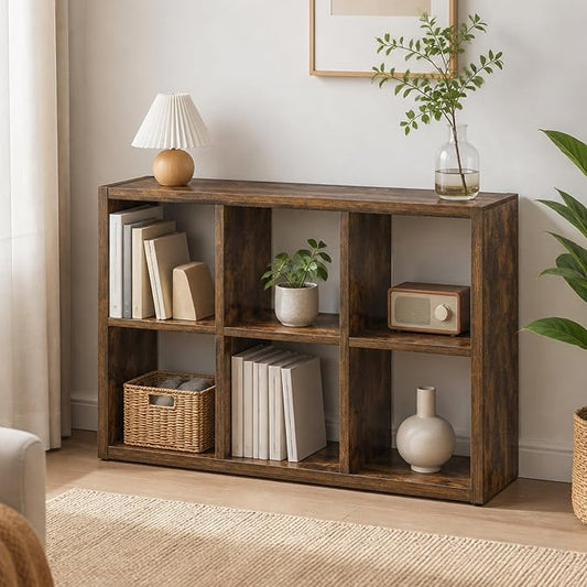 6-Cube Cubicle Bookshelf, Cube Bookcase with Open Back, Reversible Book Shelf, Cube Storage Organizer, 15 x 44 x 30, for Living Room, Home Office, Amber Pine