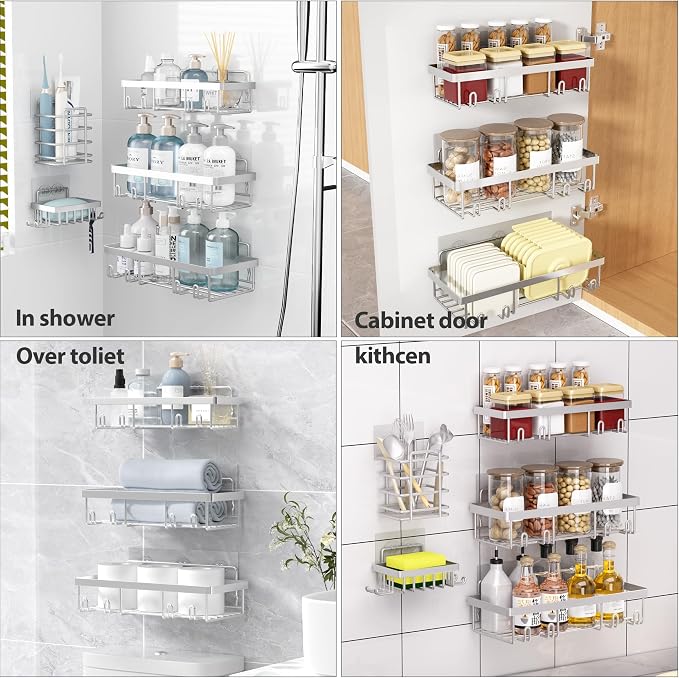 Liuoud 5 Pack Shower Caddy Organizer Rack Shelf for Inside Shower, Self Adhesive Bathroom Wall Storage Basket Rustproof Stainless Steel Large Capacity Shampoo Holder, Silver