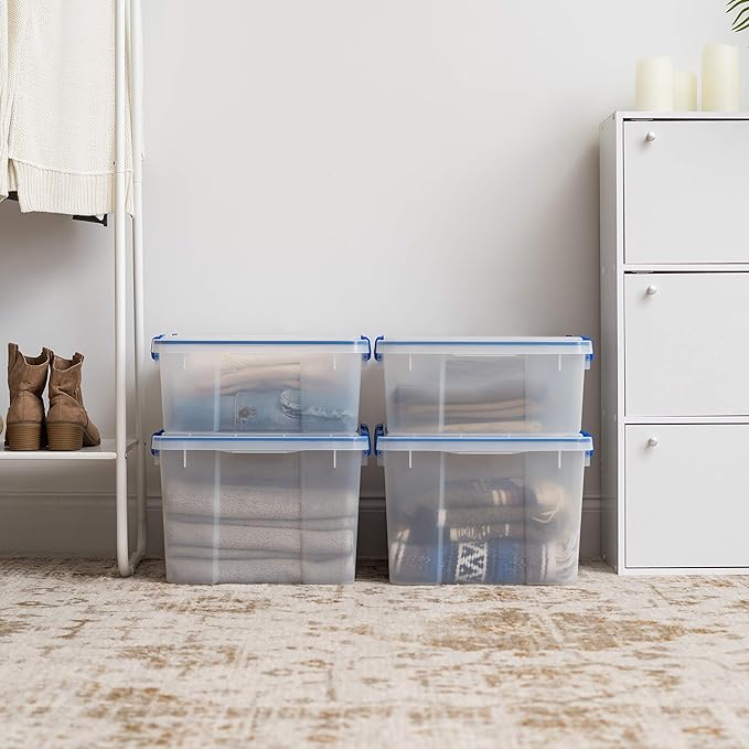 IRIS USA 4-Pack 26.5/44 Combo Qt Storage Bins with Gasket Lids, Clear/Blue | WeatherPro seal helps block dust and moisture Multiple sizes organize every room with confidence