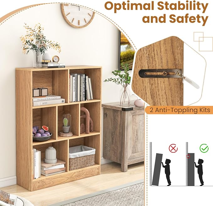 Giantex 7 Cube Bookcase, 4-Tier Freestanding Bookshelf w/ 7 Open Compartments, 2 Anti-Tipping Kits, Modern Display Cabinet, 41" Wood Cubby Storage Organizer for Living Room, Bedroom, Natural