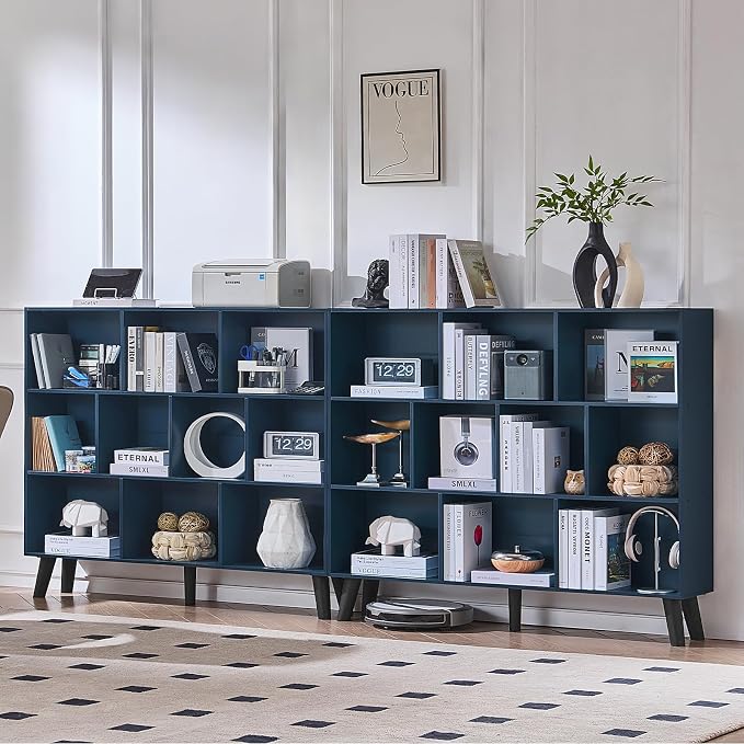 LEYAOYAO 10 Cube Bookshelf,Mid-Century Modern Bookcase with Legs,Dark Blue | 3 Tier Book Shelf, 55" Wide Rustic Wood Bookshelves Large Storage Organizer, Open Shelves for Bedroom, Living Room, Office