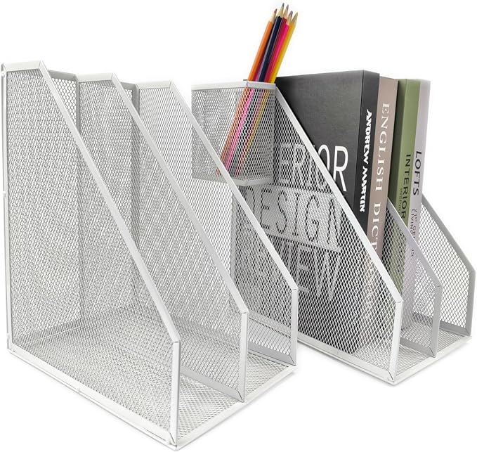 Mesh Magazine File Holder, 2 Pack Set, with Pen Holder | Sturdy Desk Organizer. 4 compartments for magazines, documents. Desktop storage for office & home. White.
