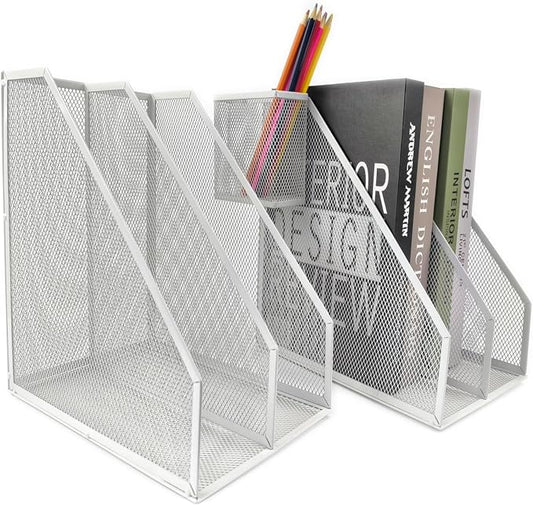 Mesh Magazine File Holder, 2 Pack Set, with Pen Holder | Sturdy Desk Organizer. 4 compartments for magazines, documents. Desktop storage for office & home. White.
