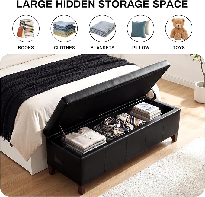 51" Black Faux Leather Storage Ottoman Bench | Foot Rest with Hinged Lid, Long Rectangle Bed Bench for Living Room, Bedroom, Entryway