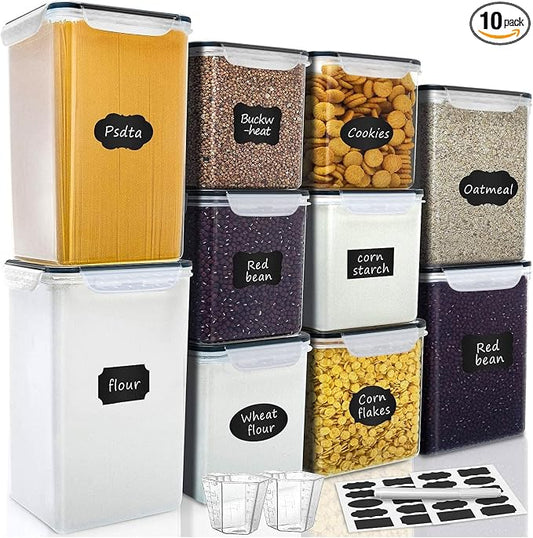 VERONES Large Tall Airtight Food Storage Containers, 10 PACK Containers Set | Plastic Airtight Kitchen & Pantry Organization, Ideal for Flour & Sugar Plastic Canisters with Labels