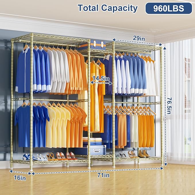 E12 Pro Clothes Rack，Heavy Duty Freestanding Garment Rack with Shelves，Metal Clothing Closet Storage System for Hanging Clothes，71" W x 16" D x 76.5" H, Hold 960 lbs，Gold