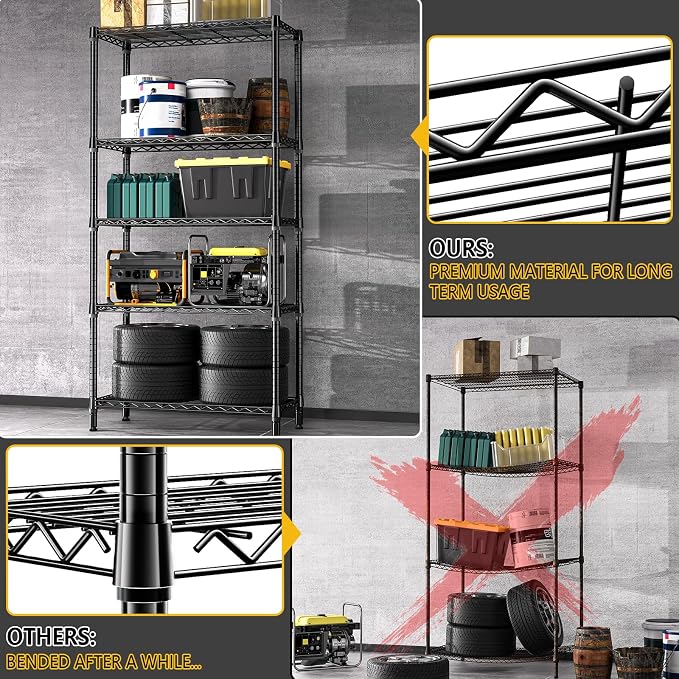 M MZG 1250 lbs 5 Tier Shelf Metal Storage Shelves Shelving Wire Rack Heavy Duty Closet Organizers for Garage Kitchen Bathroom Laundry Black 13.8" D x 35.4" W x 68.5" H