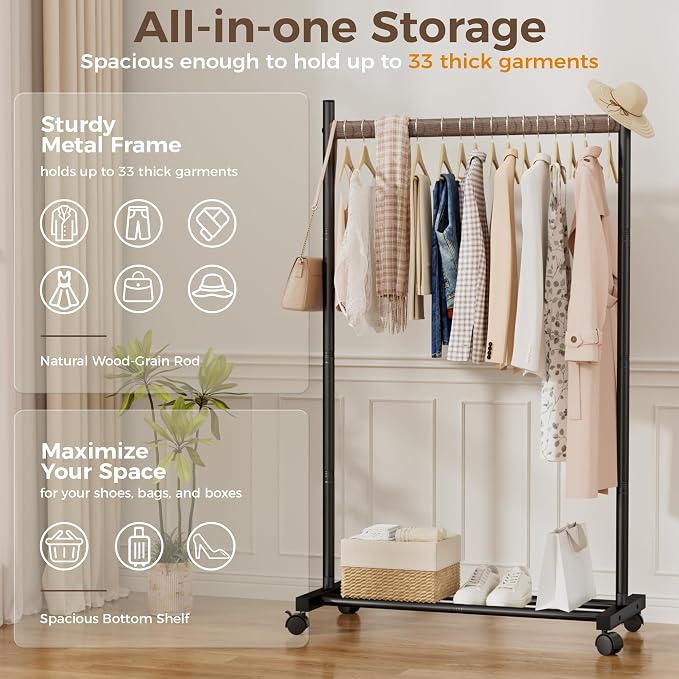 Black Clothing Rack for Hanging Clothes, Portable Rolling Clothes Rack with Wheels, Heavy-Duty Metal Garment Racks with Bottom Shelf, Large Load Capacity & Easy Assembly