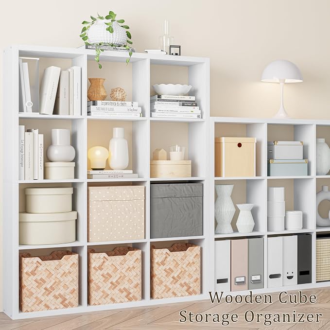 VDNEND Cube Storage Organizer Bookcase, Decorative 11 inch Open Back Cubical Shelf with Thickened Border, Display Bookshelf for Living Room, Home Office, Sturdy Room (White, 12 Cube)