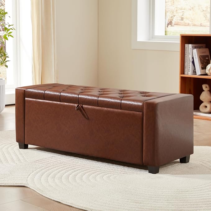 Royal Windsor Ottoman with Storage,Tufted Storage Bench with Safety Hinge,Holds up to 350 lb,Upholstered Bench with Seating for Bedroom, Living Room,Entryway,Leather Brown