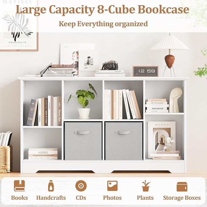 8 Cube Storage Organizer Shelf, Wood Cubby Storage with 4 Fabric Drawers | 2 Tier Wooden Bookshelf with 2 Adjustable Shelves, Fluted Side Panels Bookcase for Bedroom, Living Room, Home Office, White