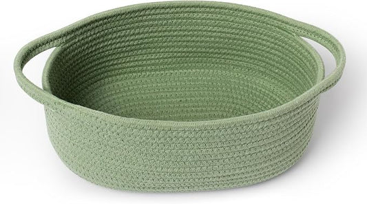 MEGASKET Green Woven Basket, 13" x 9" x 5" Baskets for Gifts Empty, Cute Cotton Rope Cat Dog Toy Bin Box, Small Woven Bin for Organizing, Green Room Decor, Nursery Baby Cloth Diaper Storage Organizer