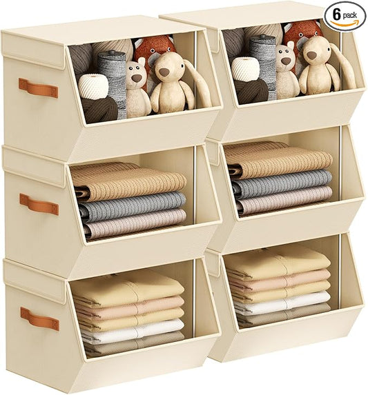 Stackable Closet Organizers and Storage Bins, Open Front Closet Shelf Organizer System With Steel Frame, Clothes Storage Basket Fabric, Collapsible Closet Drawers for Wardrobe, Nursery ,Toy, 6 Pack