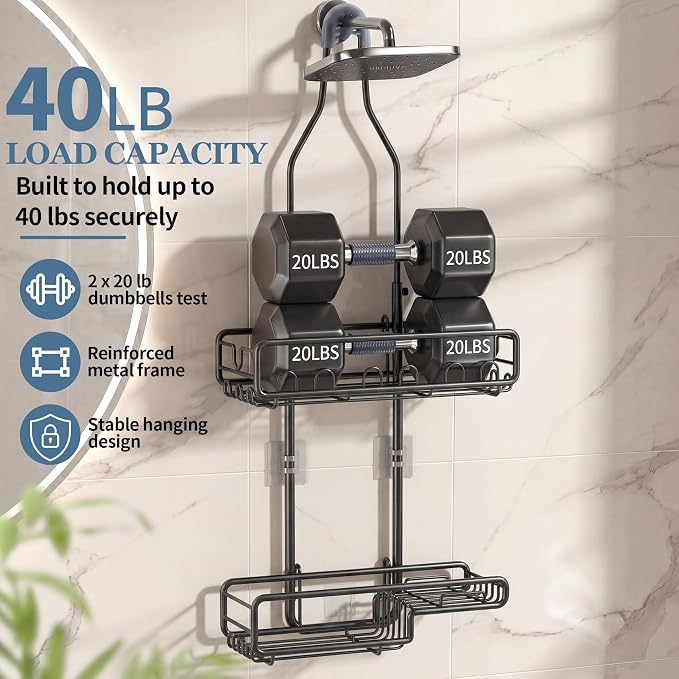 Skyapex Hanging Shower Caddy Bathroom Organizer - Over The Shower Head Adjustable Rack for Tall Showerheads, Extra Large Storage Shelf with Soap Holder for Big Shampoo Bottles