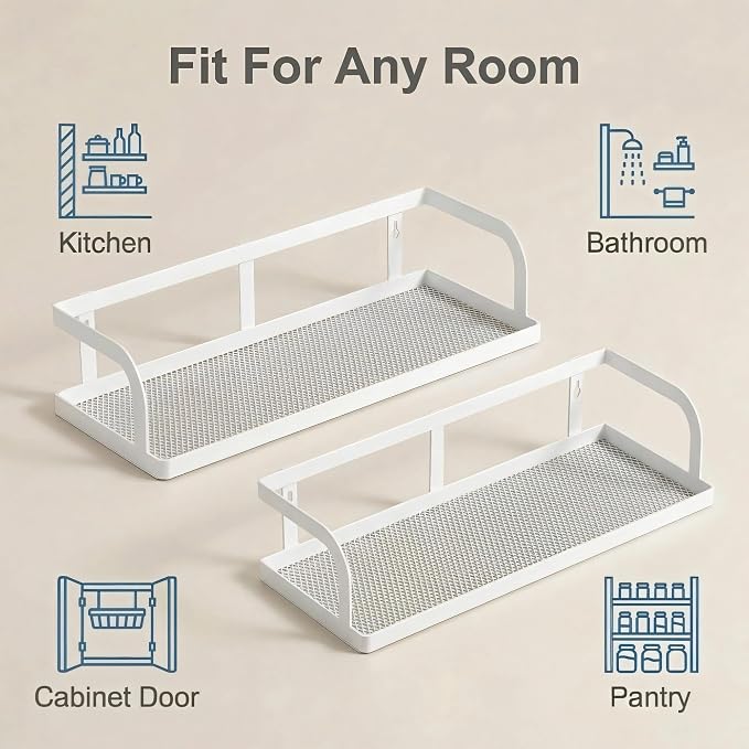 PUSDON 2-Pack 16.5" Extra Long Slim Hollowout Shower Caddy, Wall Mount Spice Rack & Bathroom Organizer, Mesh Bottom Cabinet Door Shelf Holds 50LBS - White, Hollowout