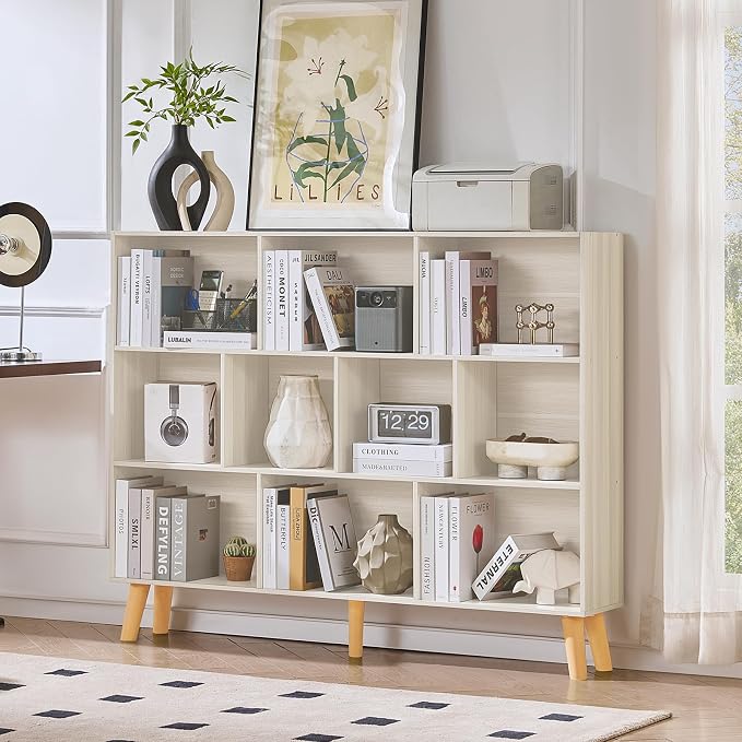 LEYAOYAO 10 Cube Bookshelf,Mid-Century Modern Bookcase with Legs,Light Grey | 3 Tier Book Shelf, 55" Wide Rustic Wood Bookshelves Large Storage Organizer, Open Shelves for Bedroom, Living Room, Office