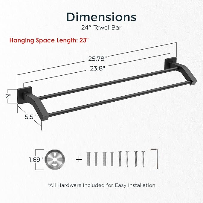 FORIOUS Double Towel Bar 24 Inch, Bathroom Towel Rack Square Matte Black | Heavy Duty Towel Racks for Bathroom Bedroom, Space Saving, Rustproof, Stainless Steel Towel Holder, Total Length 26 Inch