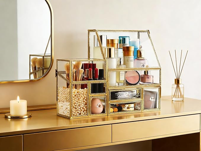Tempered Glass Makeup Organizer with Gold Heart Shaped Metal Frame, Large Cosmetic Storage Drawer Cabinet, Dustproof Vanity Display Case for Lipstick Makeup Brush Skincare
