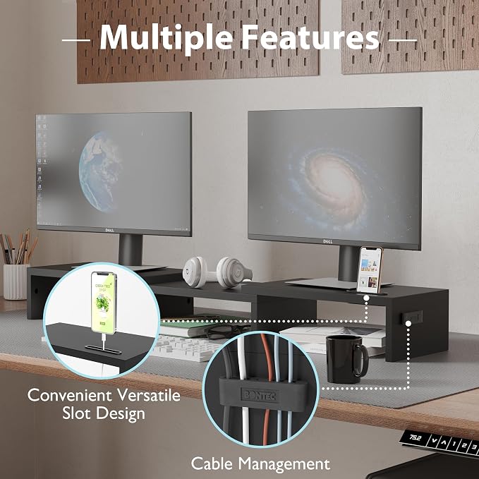 BONTEC Dual Monitor Stand Riser, Adjustable Length & Swivel Angle, Black | Ergonomic Wooden Desktop Organizer with Smartphone Holder, Computer Monitor Stand for PC, Laptop, Printer and Large Storage