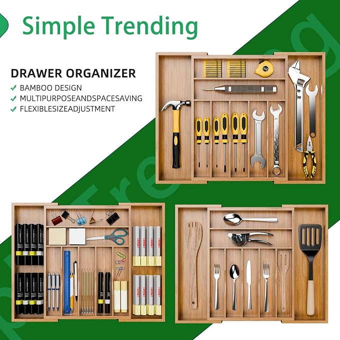 Simple Trending Expandable Bamboo Kitchen Drawer Organizer, Natural | Adjustable Silverware Organizer with 9 Compartments, Practical Utensil Cutlery Tray for Flatware, Flexible Storage