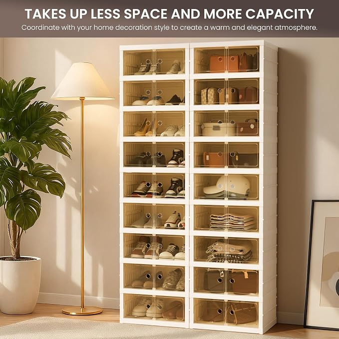 Foldable Shoe Organizer Storage Box Set of 4, Portable Extra Large Folding Shoe Rack for Closet, Shoe Storage Box with Magnetic Transparent Door and Wheels, 9 Layers 18 Grids
