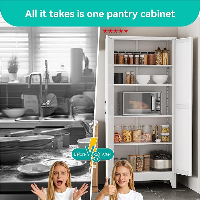 Metal Storage Cabinet with Doors and Adjustable Shelves | 71" Tall Pantry Cabinet for Kitchen Dining Room Bathroom Garage,White,1 Pce