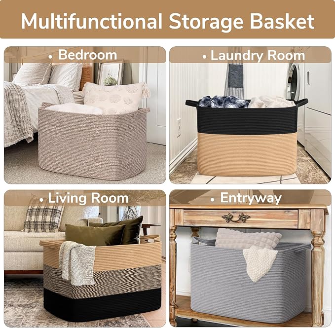Goodpick 105L Extra Large Woven Blanket Basket Cotton Rope Storage Baskets for Organizing, Kids Toy Storage Organizer for Living Room Nursery, 25"x16"x16", Black & Jute
