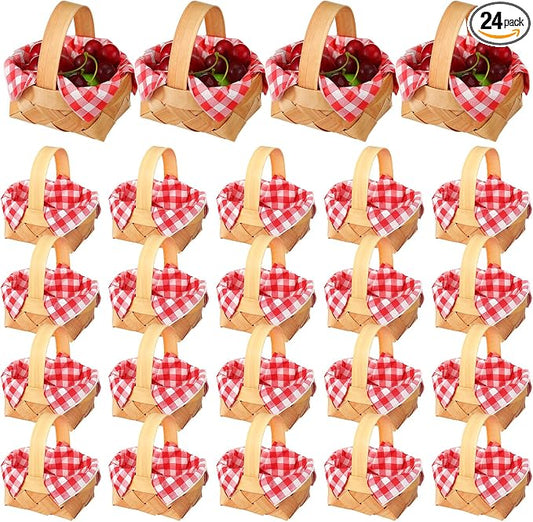 24 Pcs Summer Mini Woven Picnic Basket Party Favor Red White Gingham Paper Napkins Wood Chip Mini Flower Fruit Picnic Basket Chip for Summer Wedding Party Baby Shower Decoration (Medium)