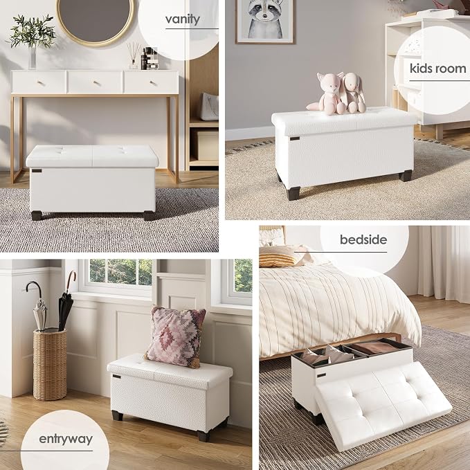 Storage Ottoman Bench with Bins, 30-in Storage Bench for Bedroom End of Bed, Folding Foot Rest Ottoman for Living Room Max 660lbs, Faux Leather Ottomans, Cream