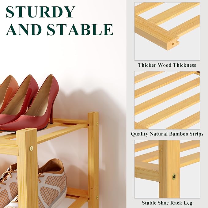 Smiry Bamboo Shoe Rack, 12 Vertical Slats, 3 Tier - 17.3" Wide, Natural | Stackable Free Standing Wooden Shoe Organizer, Wood Shoe Storage Shelf for Closet, Entryway