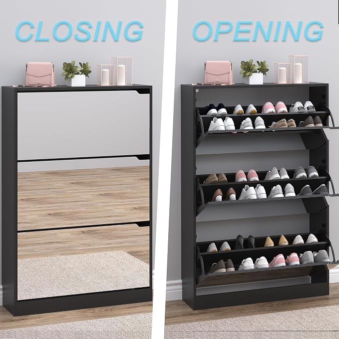 BORNOON Shoe Cabinet with 3-Flip Mirror Drawers, Freestanding Shoe Rack Organizer with Hidden Handle, Slim Narrow Shoe Storage Cabinet for Entryway, Entrance, Hallway, Bedroom