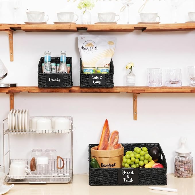 Pantry Organizers, Handwoven Large Wicker Baskets for Shelves, Labeled Storage Baskets for Organizing with Handles - Paper Storage Bins, Boho Decorative, 3 Pack, Black