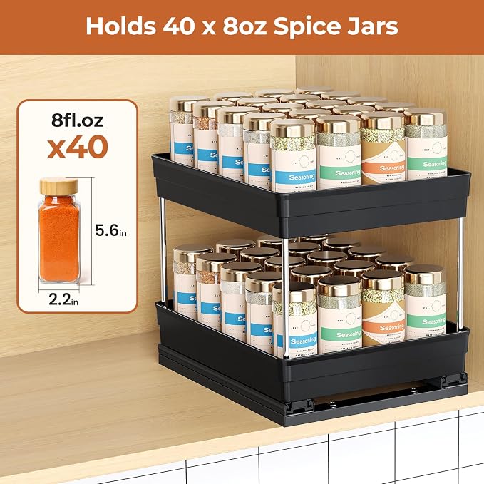 Mystozer Pull Out Spice Rack Organizer for Cabinet, Slide Out Spice Racks Organizer, Easy to Install Spice Cabinet Organizers, 8.26''Wx10.6''Dx8.7''H, 1 Pack-2 Tier(Black)