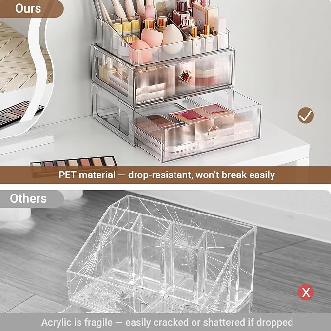 3 Tier Clear Makeup Drawer, PET Cosmetic Storage Organizer for Dresser, Countertop & Bathroom Vanity, Holders for Lipstick, Brushes, Skincare & Beauty Supplies