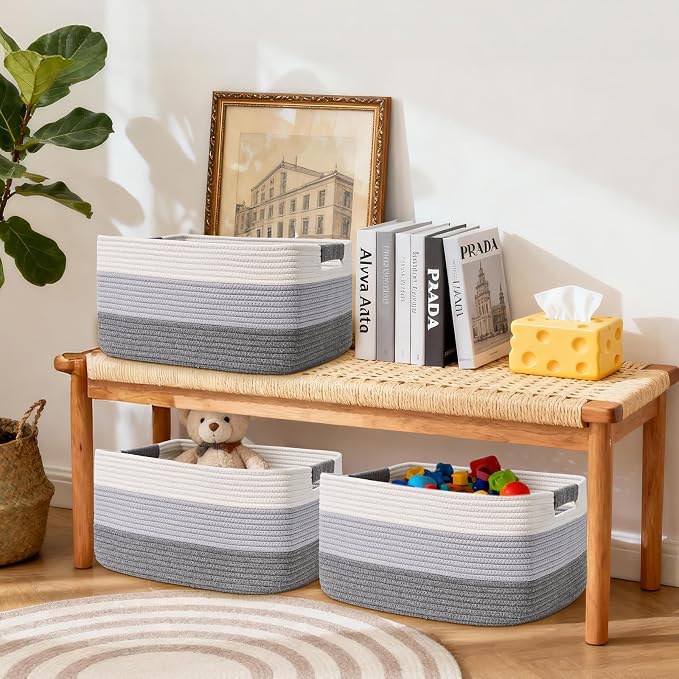 4 Pack Large Storage Basket for Organizing, 17.5"x13"x7" Woven Basket for Shelves, Closet Cube Storage Bins with Wrapped Handle, Cotton Rope Baskets for Kitchen, Clothes, Toys(Gradient Grey)
