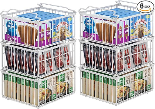 Freezer Organizer Bins, 6 Pack Enlarged Baskets for 5-9 Cu.FT Deep Freezer | Stackable Chest Freezer Organizer Bins, Foldable with Handles, White Storage Container Baskets for Sort Frozen Meats