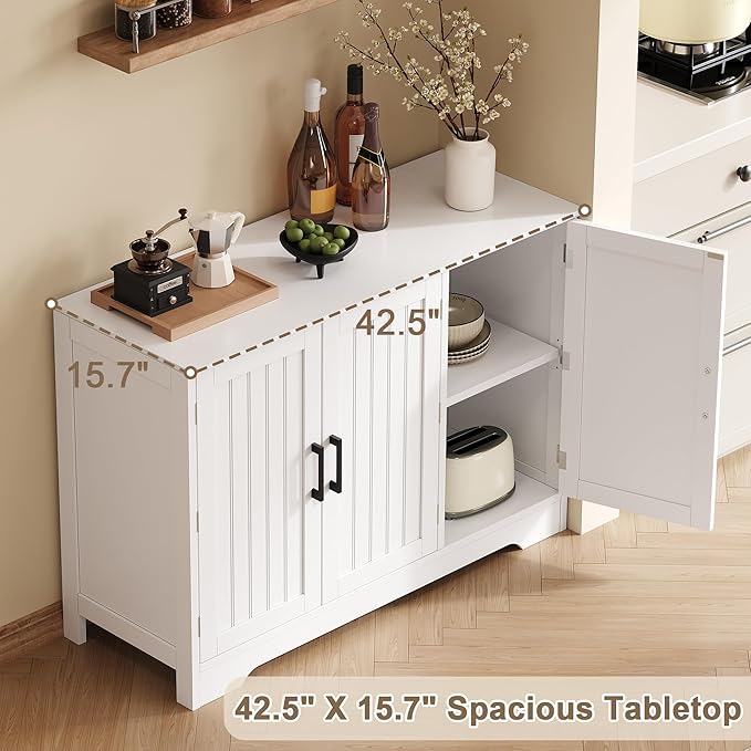 ChooChoo Modern Sideboard Buffet Cabinet with Adjustable Shelves | Coffee Bar Storage Cabinet, 3 Doors, for Kitchen, Dining Room, Living Room, White