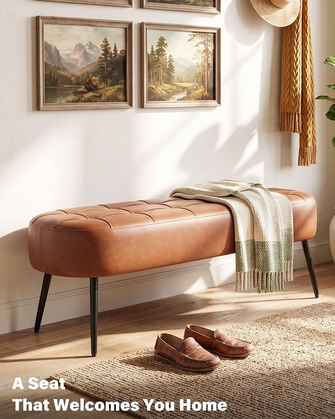Entryway Bench, Modern PU Leather Upholstered End of Bed Bench Brown | Shoe Bench with Tufted Seat, 660 lb Capacity, Sturdy Metal Legs, Mid-Century Style, For Hallway, Living Room, Bedroom, Foyer