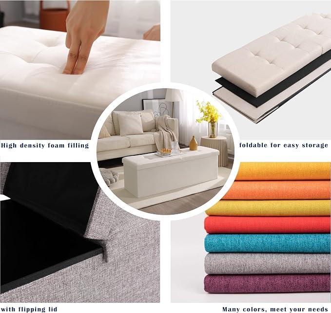 45.3 Inches Storage Ottoman Bench Foldable Seat Footrest Shoe Bench End of Bed Storage with Flipping Lid, 166L Storage Space, Linen Fabric Brown